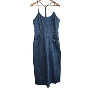 Vintage Denim Dress Womens Size 16 Blue Midi Retro Strappy Cottage Neutral
